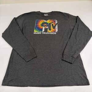 MTV Long Sleeve Dark Gray Graphic T-Shirt Tie Dye Logo Men's Size XL 80's 90's